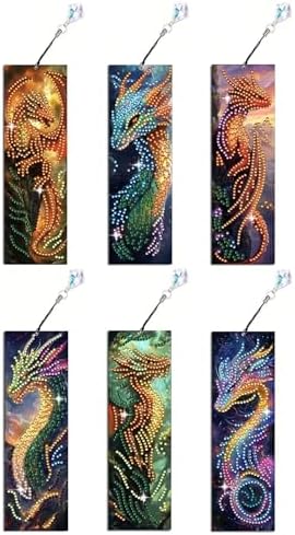 5D DIY Diamond Art Bookmarks Kit Dragon 6 PCS Acrylic Diamond Painting Bookmarks Kits with Tassels Double Side, Rhinestone Crafts Decoration Gift Set for Book Lovers Beginners & Adults (Partial Drill) by Puraikcmi