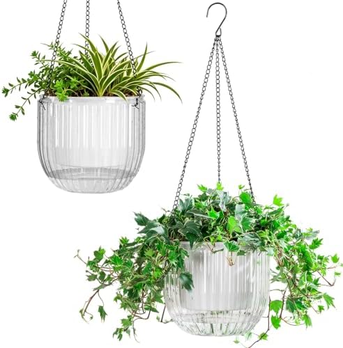 Melphoe 2 Pack Self Watering Hanging Planters Indoor Flower Pots, 8.3 Inch Outdoor Hanging Basket, Plant Hanger with 3Hooks Drainage Holes for Garden Home (White) by Melphoe