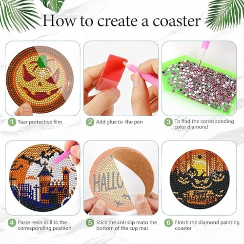 DOTSOPS 6 Pcs Halloween Diamond Art Kits for Adults Diamond Art Coasters - Image 3
