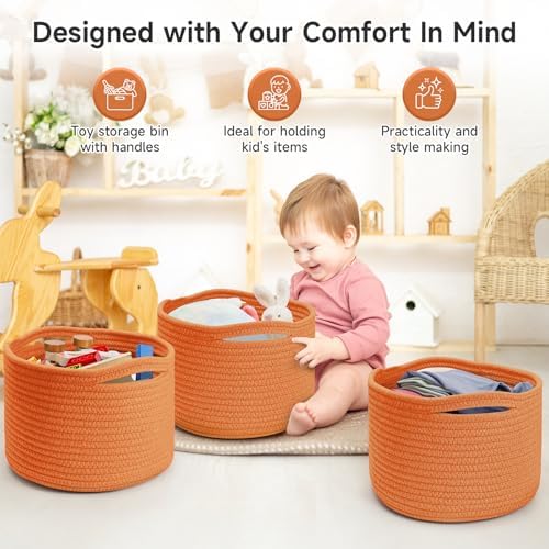 3 Pack Small Rope Storage Baskets, 9.82×9.82×7.1", Orange - Image 3