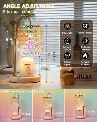 Candle Warmer Lamp with Timer Dimmer and 3 Bulbs, Candle Lamp Warmer with RGB Mode for Adjustable Height, Crystal Candle Lamp for Jar Candles, House Warming Gifts Home Room Decor, French Gold - Image 3
