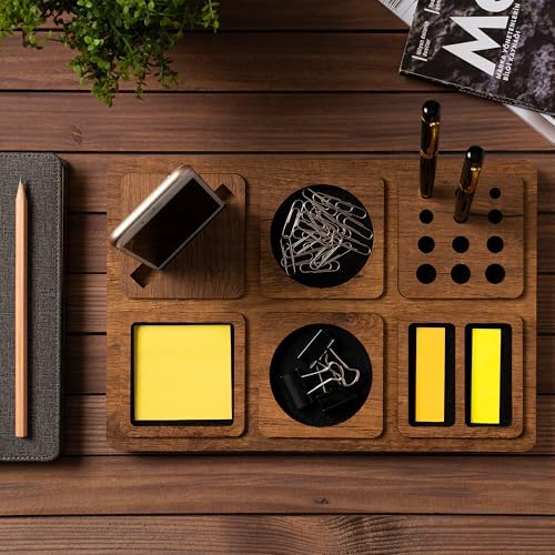 Vigo Wood 6-Compartment Desk Organizer, Vertical Phone Holder Stand, Pen Paperclip Note Storage for Home Office Accessories Large (Walnut) - Image 2
