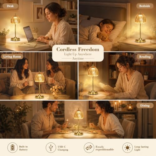 NewAoNaSen Glass Tulip Table Lamp, Cordless Rechargeable Table Light -Amber - Image 4