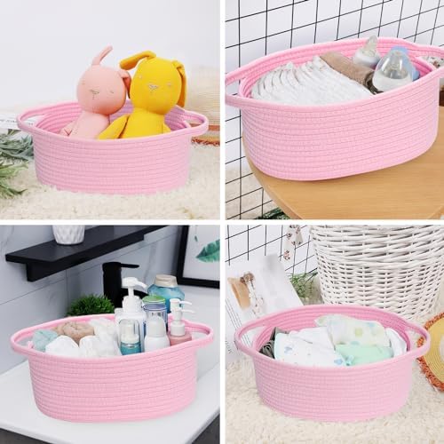 ABenkle Small Basket with Handles, Boho Decorative Rope Woven Dog Cat Toy Storage Bin Shelf Storage Organizer, Easter Christmas Gift Basket, 12"x8"x5", Pink - Image 6