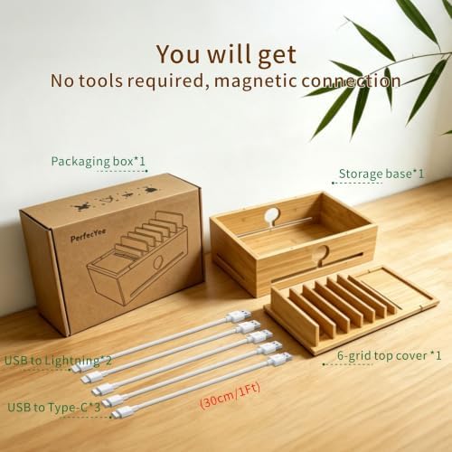 Bamboo Charging Station Organizer for Multiple Devices with 5 Cables - Image 2