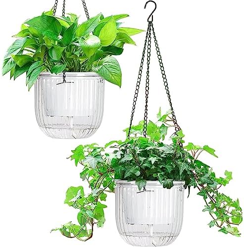 Melphoe 2 Pack Self Watering Hanging Planters Indoor Flower Pots, 6.5 Inch Outdoor Hanging Plant Pot Basket, Plant Hanger with 3Hooks Drainage Holes for Garden Home by Melphoe