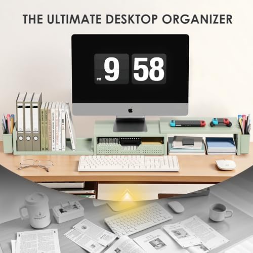 OPNICE Desk Organizers and Accessories, Dual Monitor Stand Riser with Drawer and 2 Pen Holders, Desk Shelf Printer Stand for Office Workspace Organizers, Desktop Organization (Sage Green) - Image 6