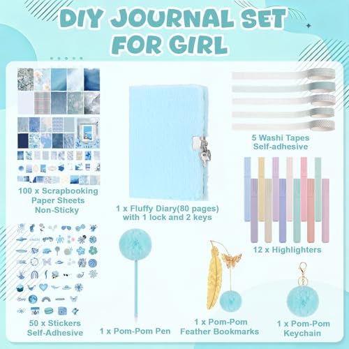 Janlaugh DIY Journal Diary with Lock Pack Scrapbook Kit, Blue, Plush - Image 2