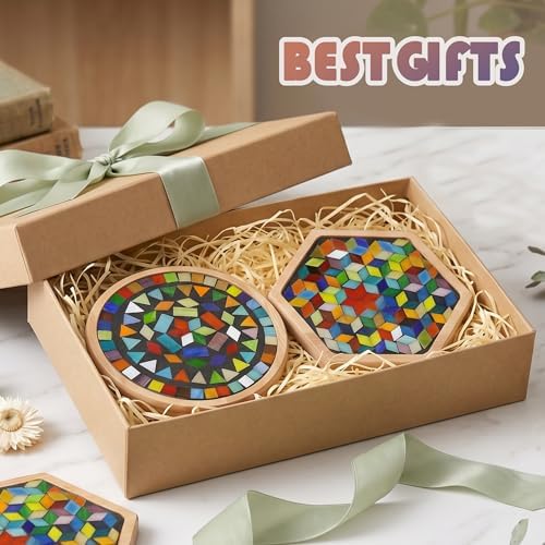 DIY Mosaic Tiles Crafts Kits for Adults, Mixed Stained Glass Mosaic Kit with 2 PCS Wooden Coaster Making Materials Package,Mosaic Adult Crafts for Women Beginners Handmade Home Decor Gifts - Image 5