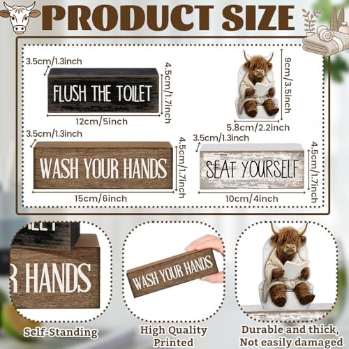 Moucuny 4 Pcs Highland Cow Bathroom Decor Funny Wooden Signs Farmhouse - Image 3