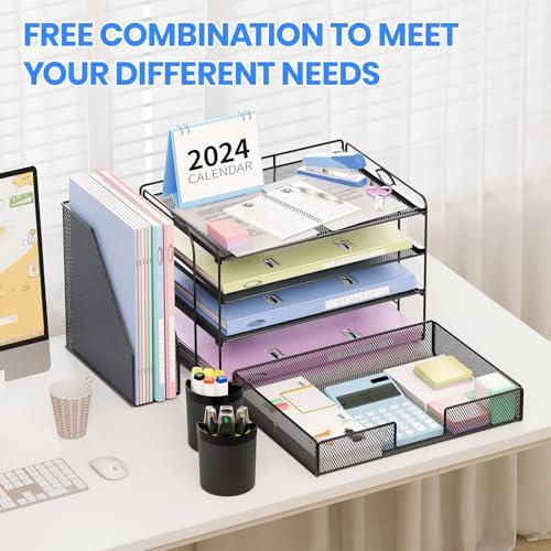 OPNICE Desk Organizer, 4-Tier Desktop File Organizer with Drawer and Pen Holders, Office Desk Accessories, File Sorters, Workspace Organizers for Office Supplies(Black) - Image 3