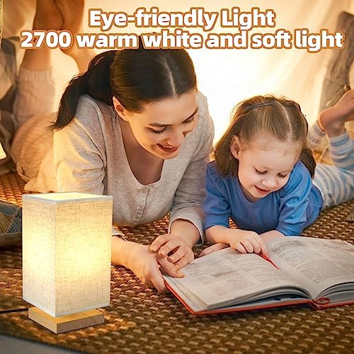 Small Square Bedside Table Lamp for Bedroom, Minimalist Wood Base & Round Fabric Shade, Mini Cute Cozy Warm Nightstand Boho Lamp, Study Desk Night Stand Light for Room, Dorm, Nursery, Living Room - Image 5