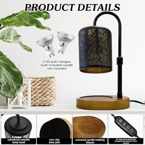 Candles Warmer with Timer and Dimmer, Adjustable Height Candle Melter, Electric Wax Warmer Vintage Home Decor for Jar Candles,2 Bulbs，Black - Image 6