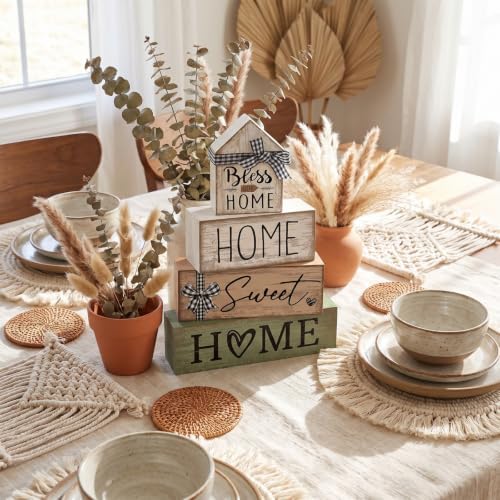 Moucuny 4 Pcs Wooden Farmhouse Table Decor Rustic Home Sweet Home Stacked Blocks Decoration Farmhouse Tiered Tray Decor Decorative Eucalyptus Block Signs Bless Gift for Kitchen Shelf Coffee Table - Image 3