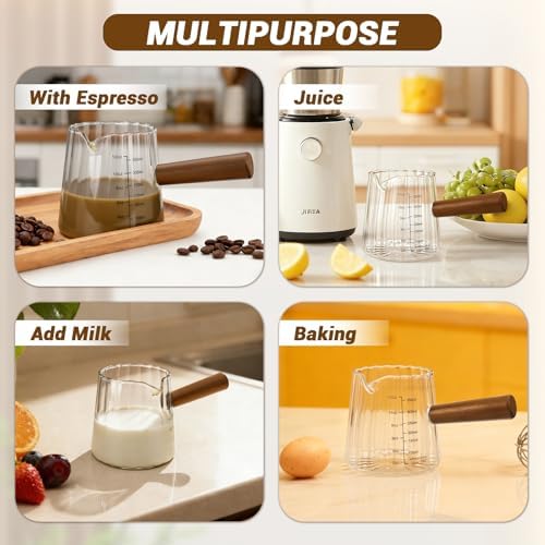Espresso Measuring Cup 12 Oz, Espresso Glass Cups with Wood Handle, Milk Frothing Cup, Espresso Cup for Coffee, Milk, Tea or Maple Syrup Serving (Transparent, 12 oz) - Image 7