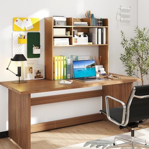 Giantex Desktop Bookshelf, 37" Desk Hutch Dorm for Computer Up to 32 Inch, Countertop Hutch w/6 Storage Shelves, 3-Tier Desktop Organizer Display Rack, Wood Desk Shelf for Home Office (Natural) - Image 2