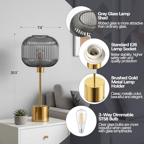 QiMH Glass Table Lamp for Living Room, Modern Bedside Lamp with Grey Ribbed Glass Shade, 3-Way Dimmable Touch Control Nightstand Lamp for Bedroom, Brushed Gold (2700K LED Bulb Included) - Image 4