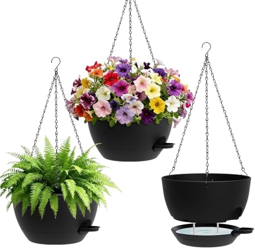 UOUZ Set of 3-10 Inch Self Watering Hanging Planters for Indoor & Outdoor，Hanging Plant Pots with Drainage & Removable Tray, Hanging Pots Holder for Ivy, Spider Plants, Ferns, Balcony & Patio, Black by UOUZ