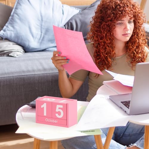 Wooden Block Calendar for Desk, Small Size Daily Desktop Perpetual Desk Calendar, Cute Date Display Desk Accessories for Home Office Decor, Teacher, Classroom, Reusable Yearly, Pink - Image 6