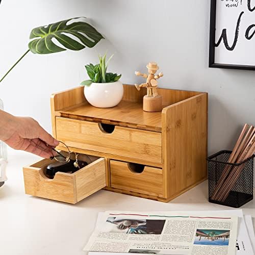 Rustic Bamboo Desk Organizer with Drawers,3-Drawer Desktop Storage Box - Image 5
