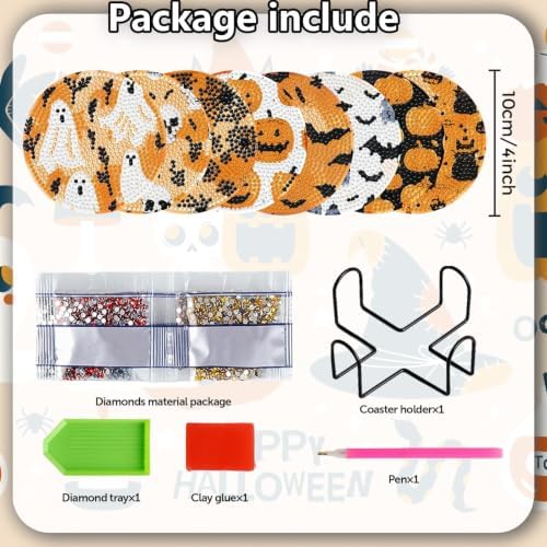 8 Pack Halloween Diamond Painting Coasters with Holder DIY Craft Kit - Image 2