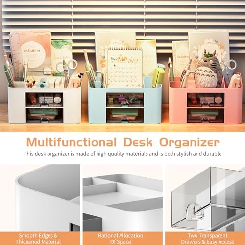 Cayxenful Pencil Pen Holder for Desk,2 Drawer Desk Organizers,5 Compartments Desktop Storage Stationery Supplies Organizer, Cute Pencil Cup Pot For Office, School, Home(White) - Image 3