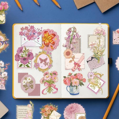 50Pcs Vintage Stickers,Waterproof Transparent PET Aesthetic Decorative Sticker Scrapbooking Supplies for Adult Card Making Letters Planner Journaling Junk Journal DIY Water Bottles Art Craft.Flowers - Image 5