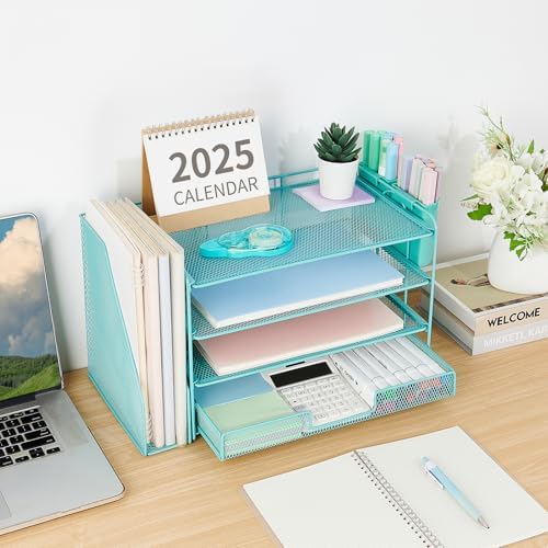 OPNICE Desk Organizer, 4-Tier Desktop File Organizer with Drawer and Pen Holders, Office Desk Accessories, File Sorters, Workspace Organizers for Office Supplies(Teal Blue) - Image 5