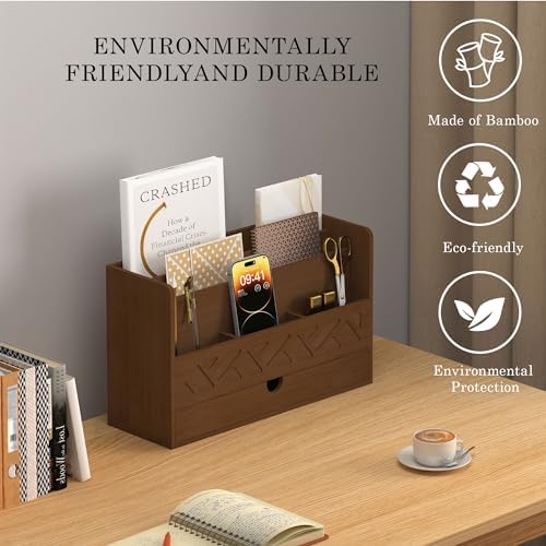 Wisuce Bamboo Mail Organizer with Drawer, Countertop Desk Organizer(Walnut) - Image 4