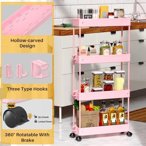 SPACEKEEPER Slim Rolling Storage Cart, 4 Tier Bathroom Cart Organizer, Pink - Image 3