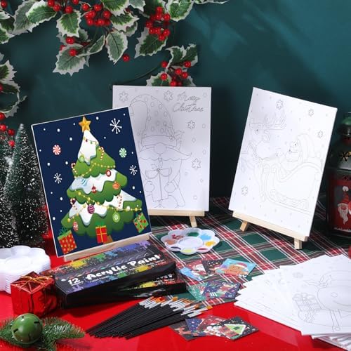 Ctosree 72 Pcs Xmas Paint and Sip Kit for Adults 8'' x 10'' Pre Drawn Canvas for Painting DIY Pre Printed Canvas for Party Favor Afro Acrylic Painting Kit Wood Easel Brushes Date Night Bulk - Image 2
