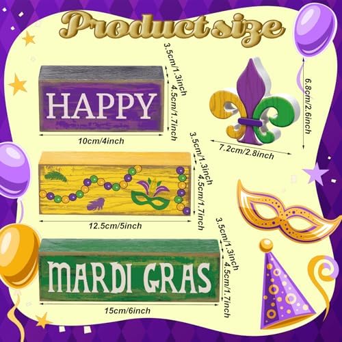 Moucuny 4 Pcs Mardi Gras Wooden Block Signs Tiered Tray Farmhouse Table - Image 2