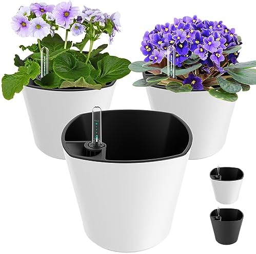 7 inch Plant Pots 3-Pack, Self Watering Flower Pots Indoor Outdoor, African Violet Pots Planters with Drainage Hole Saucer Reservoir, White by GsGardenSpecialty
