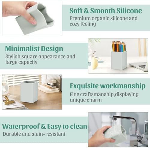 Pen Holder for Desk,Nordic Elegance Square Silicone Pencil Holder Soft Minimalist Desk Pen Cup Stand Waterproof Multifunctional Office Supplies for Home,Kids and School(Grey) - Image 6