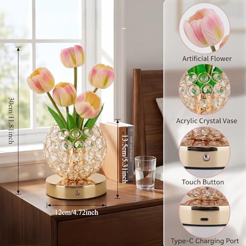 Tulip Night Light with Dazzling Crystal-Like Base, 3-Color Touch Control Flower Lamp, Stepless Dimming Rechargeable Floral Table Lamp, Aesthetic Romantic Gifts for Women Mom Wife (Pink) - Image 2