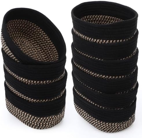 10 Pack Small Woven Baskets, Cotton Rope, Linen, Black by LOYIM