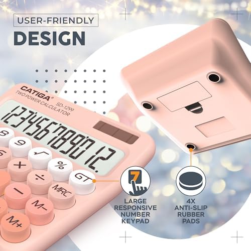 CATIGA Mechanical Switch Calculator with Solar and Battery Dual Power, 12-Digit Large LCD Display, Aesthetic and Cute Desktop Calculator with Big Button, for Home, School and Office Use, SD-1299 - Image 5