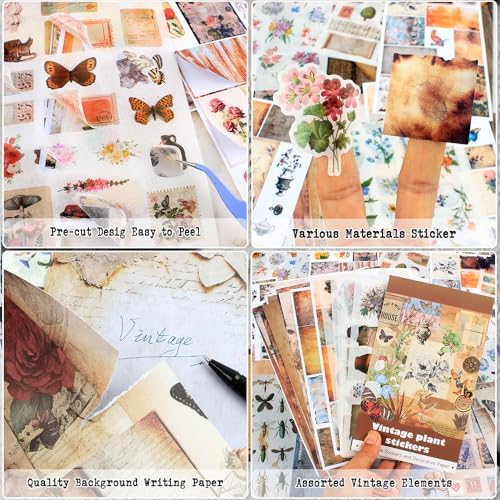347Pcs Journaling Stickers and 20 Sheets Scrapbook Paper, Vintage Scrapbooking Kit, Plant Flower Butterfly Background Ephemera for Junk Journal Supplies, Planners, Bujo, Collage Art - Image 3