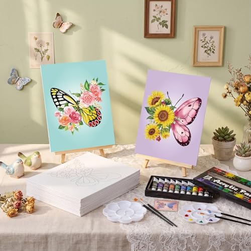 Cholemy 99 Pcs 16 Set Sip and Paint Kit for Adults 8"x 10" Pre Drawn Canvas Painting with Wooden Easel Pre Printed Canvas Painting Favor for DIY Birthday Gifts Adult's Date Party (Butterfly) - Image 5
