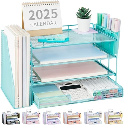 OPNICE Desk Organizer, 4-Tier Desktop File Organizer with Drawer and Pen Holders, Office Desk Accessories, File Sorters, Workspace Organizers for Office Supplies(Teal Blue) by OPNICE
