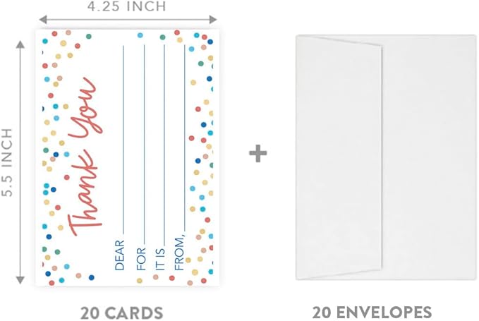 Andaz Press Kids Fill in the Blank Thank You Cards - 20 Cards Including Envelopes Confetti Sprinkles Gender Neutral Note Cards For Boys Girls Birthday Thank You Notes for Friends, Family Party Guests
