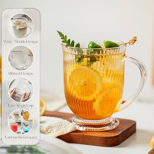 Ribbed Glass Coffee Mugs Set of 4,16 Oz Clear Diner Cups,Large Espresso Cups with Spoon, Glass Mugs with Handle Latte Cup with Footed Base for Hot Beverages,Cappuccino Cups, Stylish Drinkware - Image 4