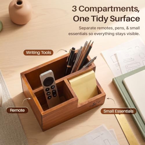Flexzion Wood Pencil Holder for Desk, Tiered 3-Slot Remote Caddy Organizer - Image 3