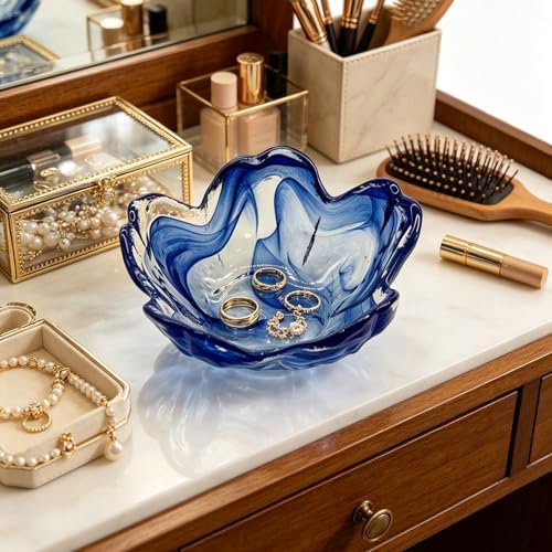 Blue Flower Ring Dish, Small Glass Jewelry Dish Tray, Ring Holder Jewlery Tray Trinket Dish, Bathroom Nightstand Decor Jewelry Bowl Christmas Friendship Birthday Gifts for Women, Soap Dish - Image 5