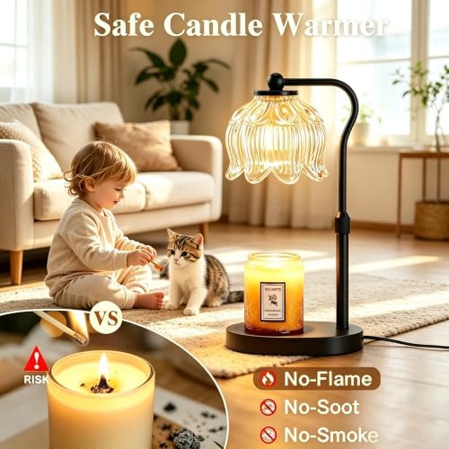 Briever Flower Candle Warmer Lamp, Adjustable Height Electric Candle Lamp with Timer & Dimmer, Wooden Base Wax Warmer, Christmas Birthday Housewarming Gifts for Women Mom, Black Wood-Clear - Image 5