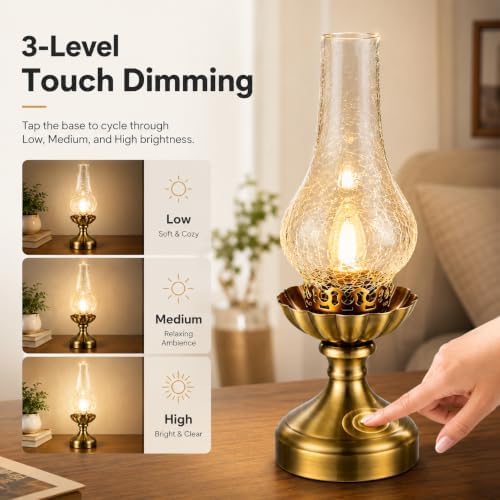 Vintage Brass Table Lamp with Clear Glass Shade,Touch Control & 3 Way Dimmable Farmhouse Bedside Lamp for Bedroom, Living Room, Cabin, Office (LED Bulb Included) - Image 3