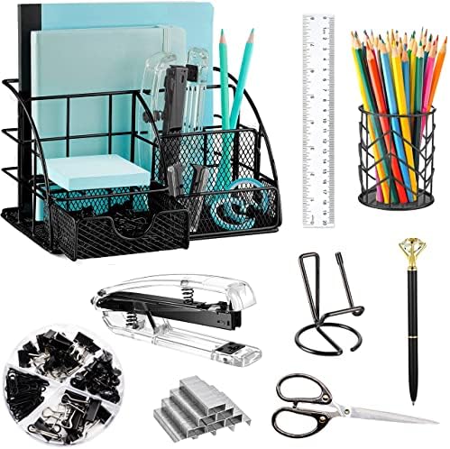 KAAKOW Black Desk Organizers and Accessories Office Supplies Set Stapler, Pen Holder, Phone Holder, Scissors, Pen, Ruler, 30 Paper Clips, 22 Binder Clip, 20 Tacks and 1000pcs Staples by KAAKOW