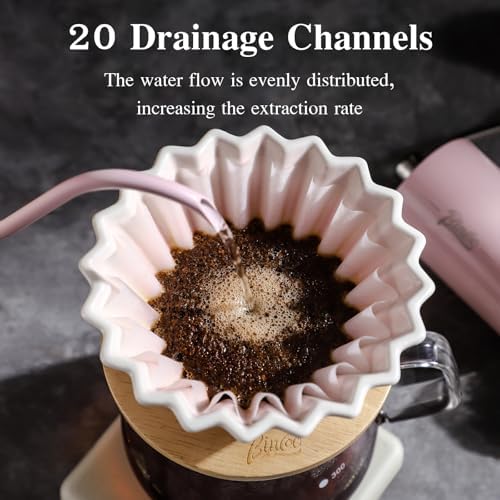 Bincoo 500ML Pour Over Coffee Maker Set with Filter Paper,Ceramic Coffee Dripper with Wood Stand Set for 1-2 Cups-Professional Brewing Tools for Pour Over & Drip for Home Office (Pink) - Image 3
