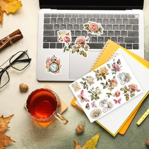100+PCS (8 Sheet) Vintage Rose Stickers Scrapbooking Junk Journal Supplies, Shabby Pink Stickers Set Scrapbook Floral Sticker for Planner Album Diary Letter Envelope - Image 3