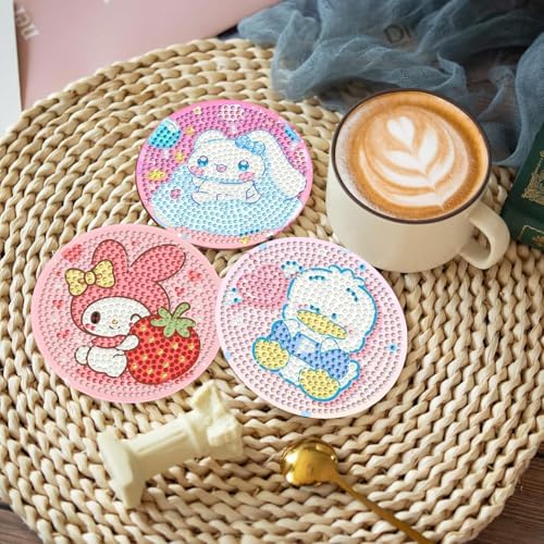 8Pcs Diamond Art Painting Coasters Beginners with Holder,DIY Cartoon Life Coaster Diamond Art Kits for Adults Kids, Small Mini Kit Round Full Drill Diamonds Art Craft Supplies 4X4 Inch - Image 3